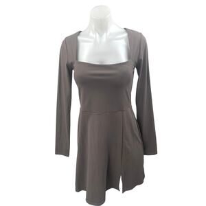 NEW Qinsen Gray Long Sleeve Square Neck Slit A Line Skater Mini Dress Size 8